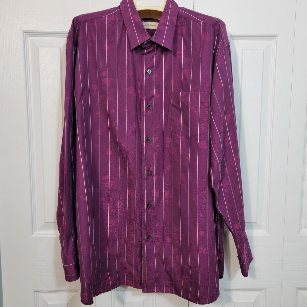 Tommy Bahama Shirt Mens XL Burgundy Paisley Floral Texture Button Up Long Sleeve - Picture 2 of 13